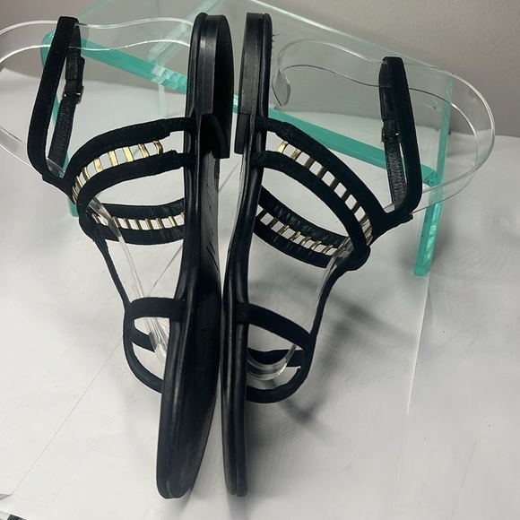 Sigerson Morrison Sz 6 Black Suede Gold Leather TStrap Ankle Strap Flat Sandals - Picture 6 of 11